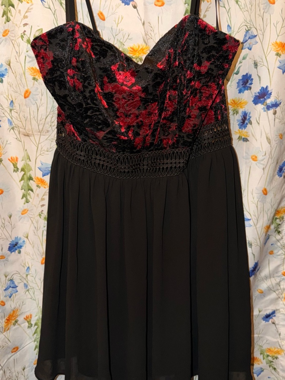 BCX Black Mini Dress with Red Velvet Floral Bodice